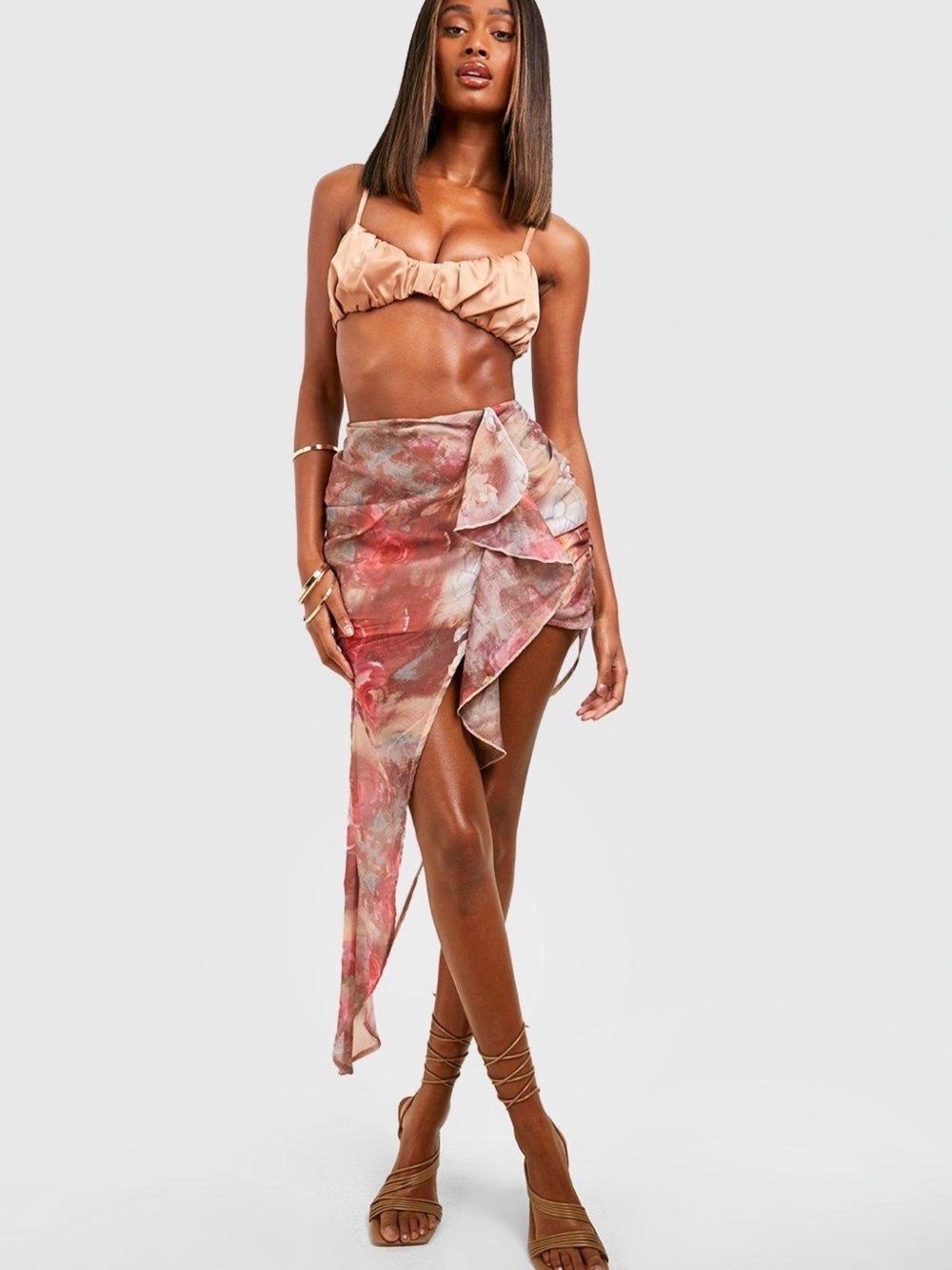 BoohooโGauzy Sheer Asymmetrical Floral Ruffle Skirt